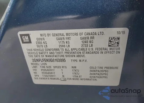 2016 Chevrolet Equinox Lt from USA, damaged, VIN 2GNFLFEK6G6163095